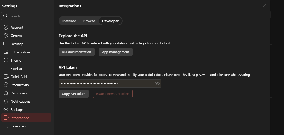 Todoist Settings showing the Developer tab and API token